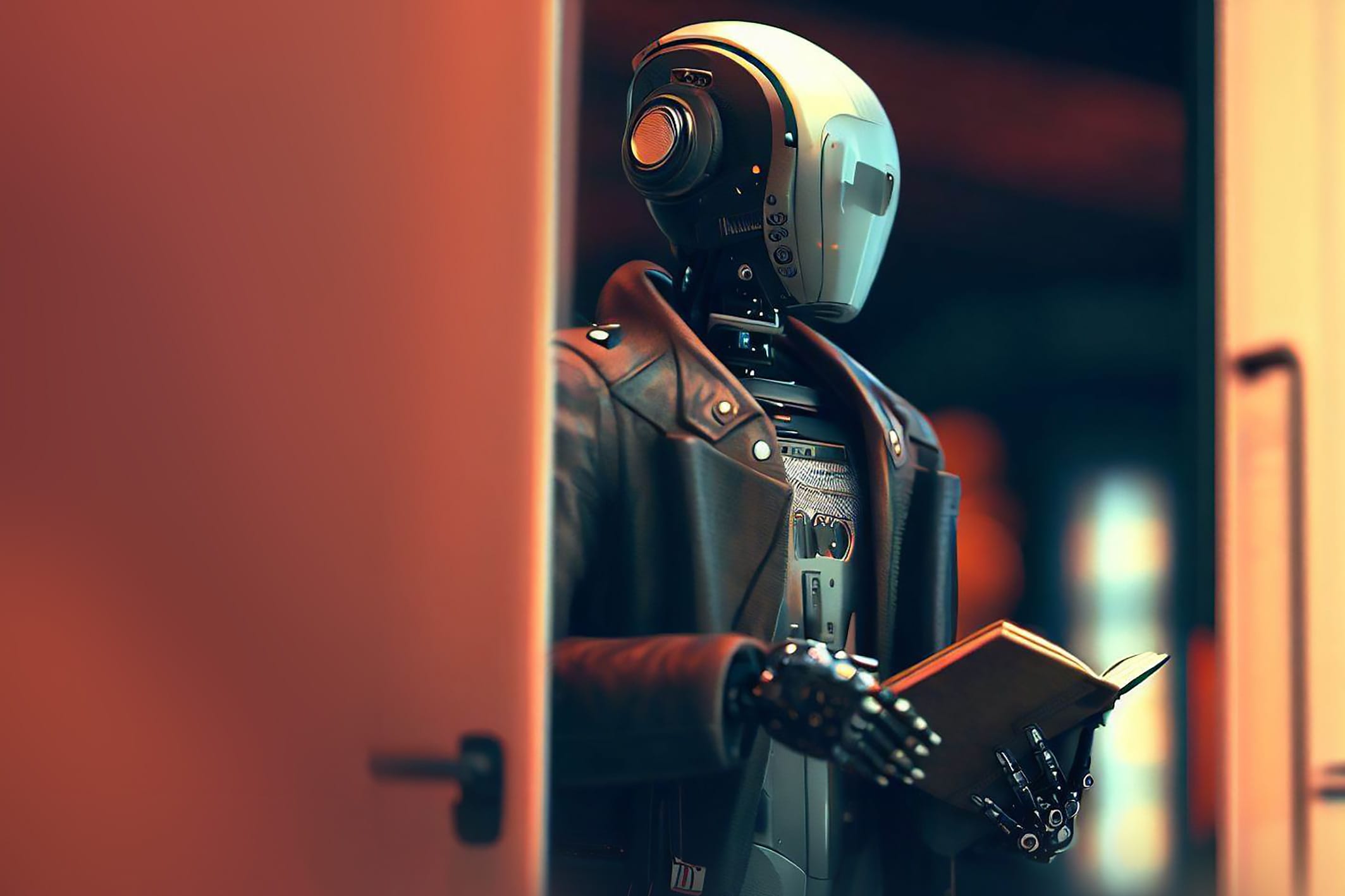 Robot holding wearing a leather jacket, holding a book